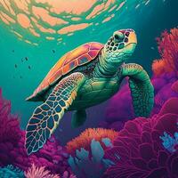 Turtle swimming inside the colorful sea. AI photo