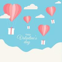 Origami Paper Hot Air Balloons with Gift Boxes and Clouds on Blue and White Background for Happy Valentine's Day Celebration. vector