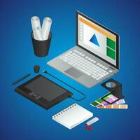 3D Designing object of Laptop with Drawing Paper, Pen Tab, Pantone and Notebook on blue background. vector