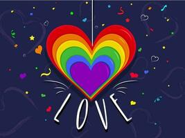 Paper Layer Cut Rainbow Heart Shape hang with Love Text and Confetti Decoration on Blue Background. vector