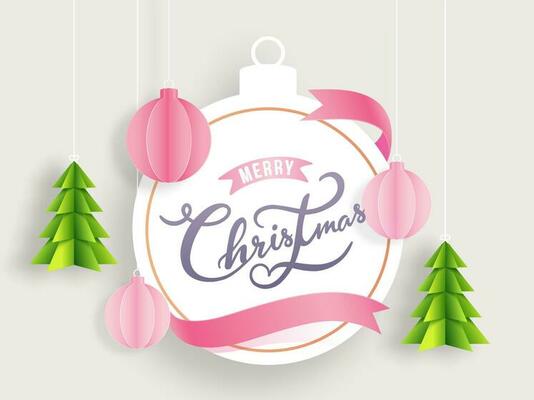 Calligraphy Merry Christmas text in bauble shape frame decorated with paper cut Xmas tree and ornament balls on white background. Can be used as greeting card design.