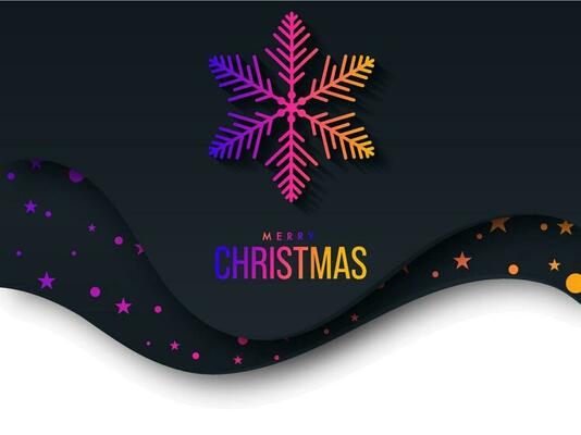 Gradient Merry Christmas Text With Snowflake And Stars On Paper Cut Black And White Background.