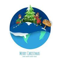 Merry Christmas and Happy New Year Poster Design With Cheerful Kids Decorated Xmas Tree, Don't Cut Trees Board On White And Blue Paper Globe Background. vector