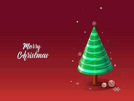 Merry Christmas greeting card design with 3d decorative Xmas tree, baubles and snowflakes on red background. vector