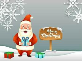 Merry Christmas Sign Board with Cartoon Santa Claus Holding Gift Box and Paper Cut Snowflakes on Grey Snowy Background. vector