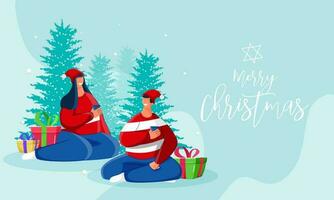 Merry Christmas celebration greeting card design with happy couple character enjoying drink, gift boxes and Xmas tree on blue background. vector