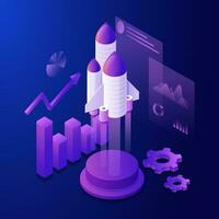 3D illustration of rocket with infographic elements and multiple screen for Business Startup concept. vector