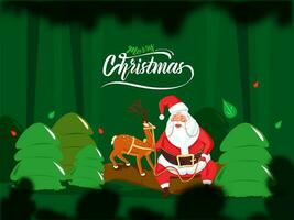 Illustration Of Cartoon Santa Claus Holding Reindeer With Trees On Green Background For Merry Christmas Celebration. vector