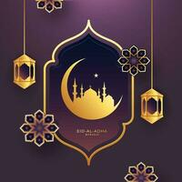 Eid al-Adha Mubarak concepto con creciente luna, un estrella, mezquita colgando linternas y mandala decorado en púrpura antecedentes. vector