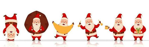 Cheerful Santa Claus Character in Different Poses with Heavy Sack, Gift Box and Jingle Bells on White Background. vector