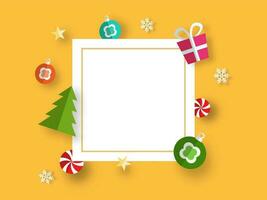 papel cortar estilo Navidad árbol, regalo caja, adornos, dulce, estrellas y copos de nieve decorado en amarillo antecedentes con espacio para tu mensaje. lata ser usado como saludo tarjeta diseño. vector