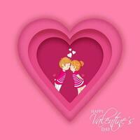 Pink Heart Shape Greeting Card Design with Cute Loving Couple Character on the Occasion of Happy Valentine's Day. vector