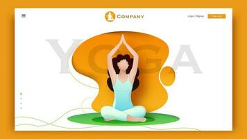 Young girl character doing exercise in sukhasana or meditation pose on abstract background for Yoga concept based landing page design. vector