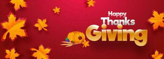 Website header or banner design with lettering Happy Thanksgiving and festival elements on shiny red background decorated with maple leaves. vector