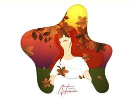 Beautiful girl on sunset forest view background for Hello Autumn banner or poster design. vector