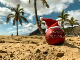 Christmas bomb in Santa's hat with text Merry Christmas on the beach lying on the sand with palm trees and blue sky on the background. photo