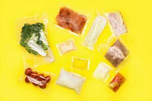 A set for delivering food for dinner on a yellow background. I cook at home. photo