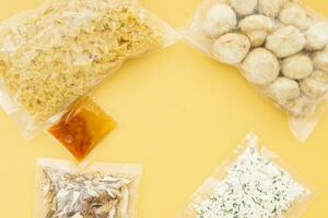 Set of products for cooking Farfalle with mushrooms and truffle. Set for delivering food for dinner. Cooking at home, home cooking. Flat lay. photo
