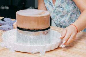 Cooking mousse cake at a cooking class. Cooking at home, home-made food. Confectioner photo
