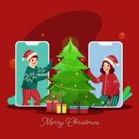 alegre niños hablando a cada otro en vídeo llamada con decorativo Navidad árbol y regalo cajas para alegre Navidad celebracion. vector