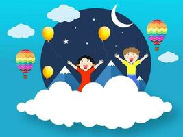 disfrutando pequeño chico y niña personaje con montañas y globos en medio Luna noche antecedentes para contento para niños día celebracion. vector