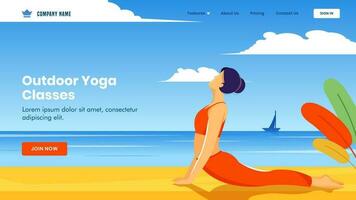 Landing page design with young girl doing exercise in bhujangasana pose on beach view background for Outdoor Yoga Classes. vector