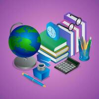 Isometric illustration of education or office element like as world globe, books, pen holder, calculator, alarm clock on purple background. vector