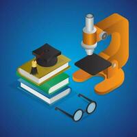 Realistic Education Object like as Books with Graduation Cap, Microscope and Eyeglasses on blue background. vector