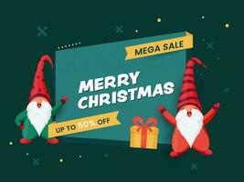 Merry Christmas Mega Sale Poster Design with Discount Offer, Gift Box and Two Cartoon Gnome Character on Teal Green Background. vector