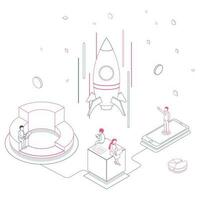 Line art illustration of business people launching a successful rocket with laptop, smartphone and infographic elements on white background. vector
