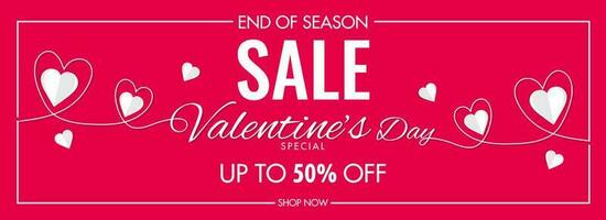 Pink Header or Banner Design with White Hearts and Discount Offer for Valentine's Day Sale. vector