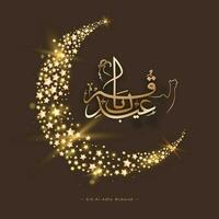 dorado Eid al-Adha Mubarak caligrafía con línea Arte camello, cabra y creciente Luna hecho por brillante estrellas en marrón antecedentes. vector