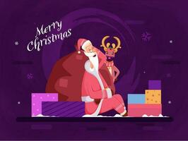 Merry Christmas Poster Design with Illustration of Santa Claus Sleeping, Heavy Bag, Gift Boxes and Cartoon Reindeer on Purple Background. vector
