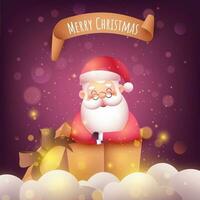 Cute Santa Claus Inside A Golden Gift Box With Clouds On Purple Bokeh Lights Effect Background For Merry Christmas. vector