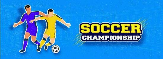 fútbol campeonato texto con futbolistas personaje en pegatina estilo en azul antecedentes. lata ser usado como encabezamiento o bandera diseño. vector