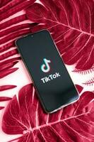 Tver, Russia-August 5, 2020, the tik tok logo on the smartphone screen on a background with green plant leaves. Tik-Tok icon. Tiktok social network. Demonstrating the colors of 2023 - Viva Magenta. photo