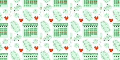 Menstrual periods seamless pattern tampon, pads, menstrual cup. Female regular menstrual cycle concept. Menstrual period, menstruation, premenstrual syndrome, ovaries vector illustration