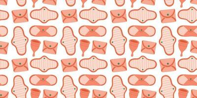 Menstrual periods seamless pattern tampon, pads, menstrual cup. Female regular menstrual cycle concept. Menstrual period, menstruation, premenstrual syndrome, ovaries vector illustration