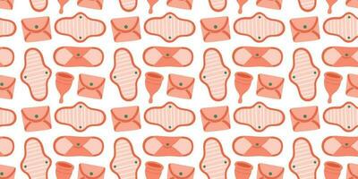 Menstrual periods seamless pattern tampon, pads, menstrual cup. Female regular menstrual cycle concept. Menstrual period, menstruation, premenstrual syndrome, ovaries vector illustration