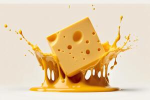 A delicious melting cheese splash in a realistic style. Hot cheese or cheddar splash. Tasty cheese liquid splash. Cheese sauce crown splash. For italian food, world cheese day, dessert by photo