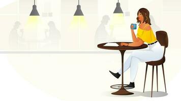 Young girl drinking tea or coffee sitting on cafe. vector