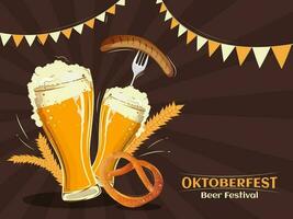 Oktoberfest cerveza festival celebracion póster o modelo diseño con ilustración de vino anteojos, salchicha tenedor, galleta salada y trigo en marrón rayos antecedentes. vector