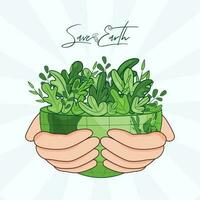 Human hand holding eco half planet on white rays background for Save Earth concept. vector