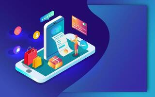 3D illustration of Online shopping app in smartphone with payment receipt, gift box and credit or debit card on abstract background. Can be used as web banner or poster design. vector