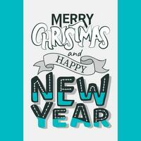 Merry Christmas and Happy New Year Text on White and Turquoise Background. Can be used as greeting card design. vector
