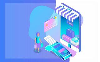 Online shop in smartphone with POS machine and female character for Online shopping or payment concept based isometric design. vector