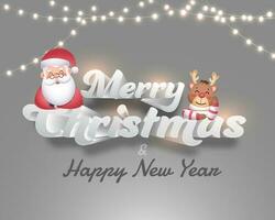 Merry Christmas and Happy New Year Font With Cartoon Santa Claus, Reindeer Character And Lighting Garlands On Grey Background. vector