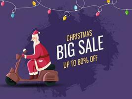 Christmas Big Sale Poster Design with Discount Offer, Cheerful Santa Riding Scooter and Lighting Garland on Purple Brush Stroke Background. vector