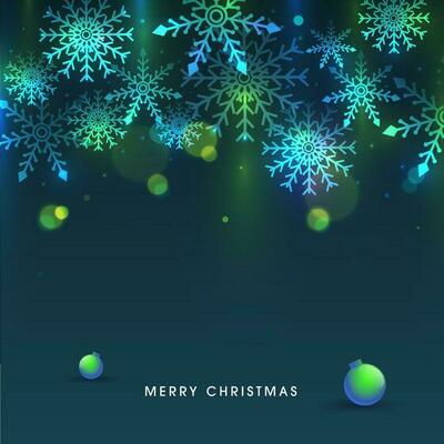 Teal Blue Background Decorated with Snowflakes, Bokeh Effect and Baubles for Merry Christmas.