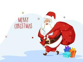 saludo tarjeta diseño con ilustración de Papa Noel claus levantamiento un pesado bolso y regalo cajas para alegre Navidad celebracion. vector